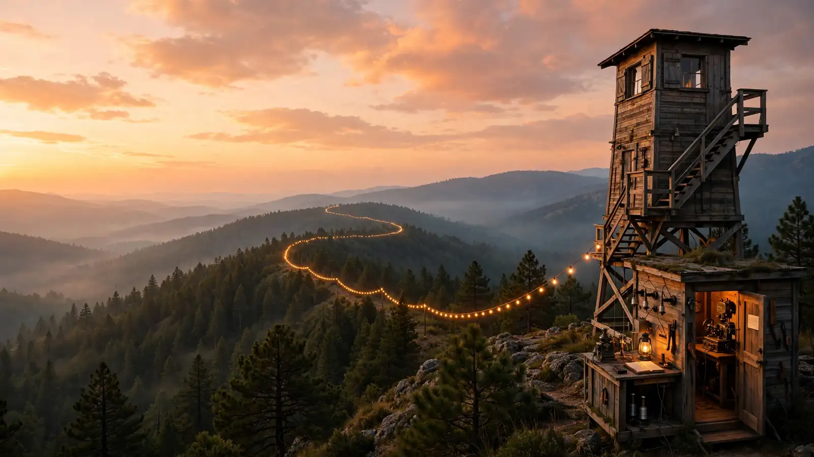 Telegraph lookout tower on a forested mountain ridge at sunset with glowing signal lights
