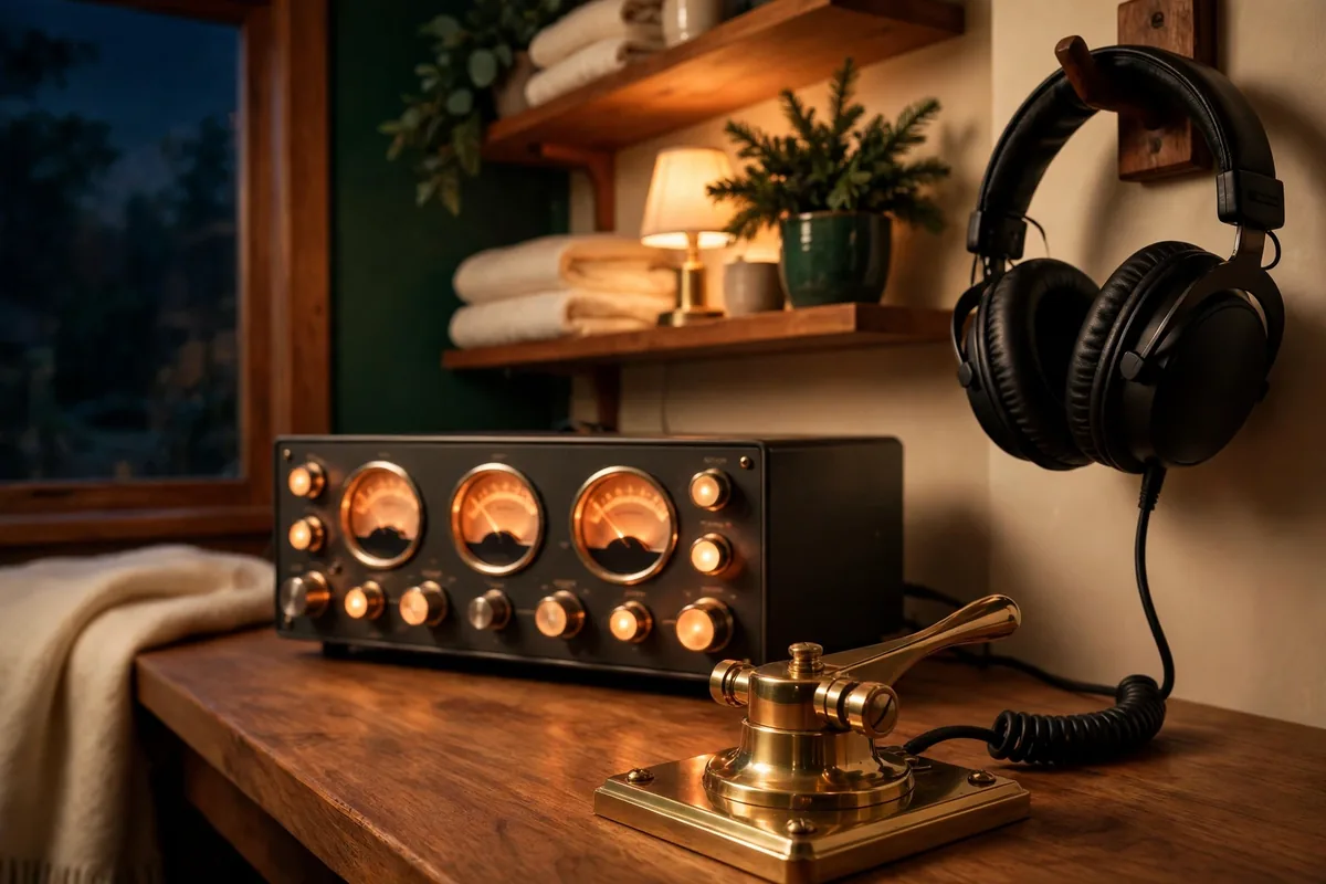 Ham radio station with Morse code key and headphones for CW operation