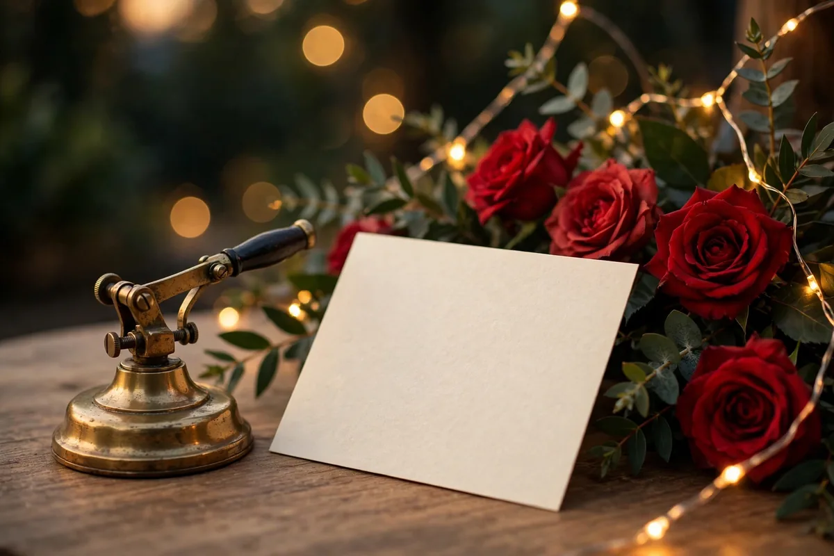 Brass telegraph key beside a blank cream card, red roses and warm string lights