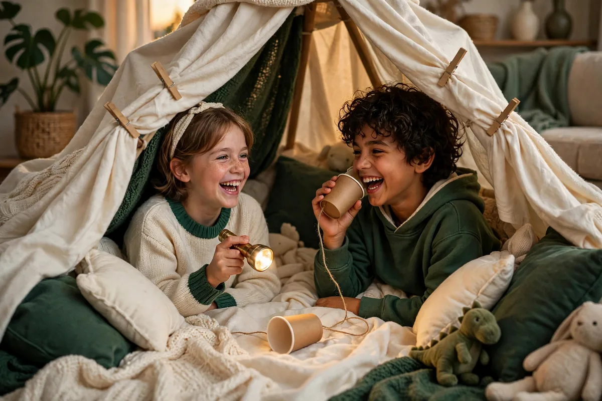 Children in a blanket fort learning Morse code with a flashlight and a cup-and-string telephone
