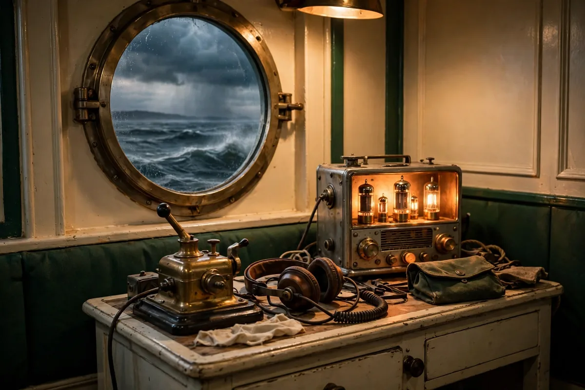 Vintage ship radio room with a brass telegraph key, glowing tube transmitter and headphones beside a porthole over a stormy sea