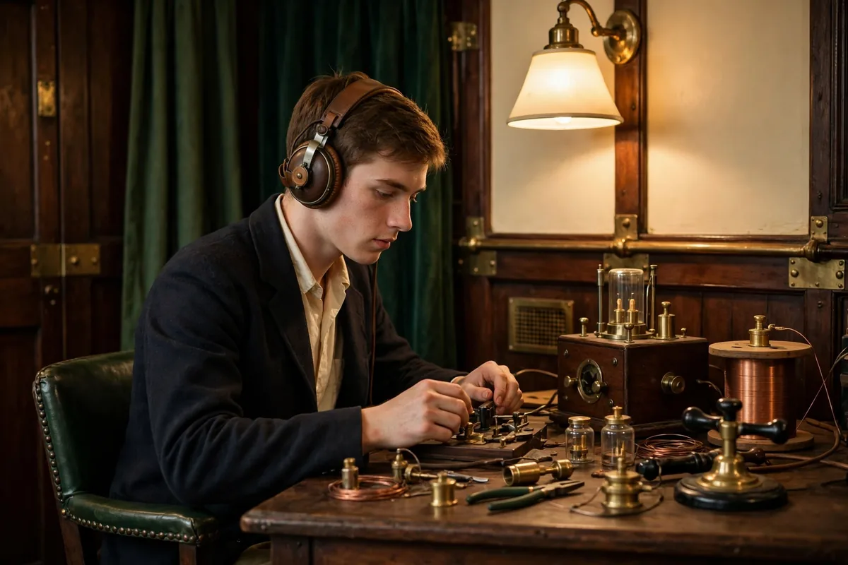 Radio operator wearing headphones in a vintage 1912 wireless room, sending distress signals on a Morse key