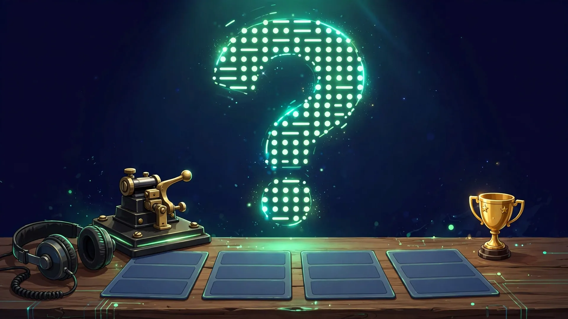 Morse code quiz illustration with a glowing question mark made of dots and dashes, answer cards, a telegraph key and a trophy