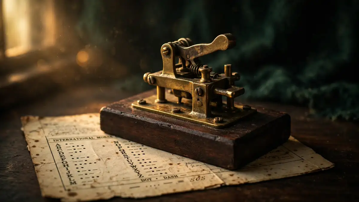 Vintage brass telegraph key resting on an aged International Morse code chart in warm light