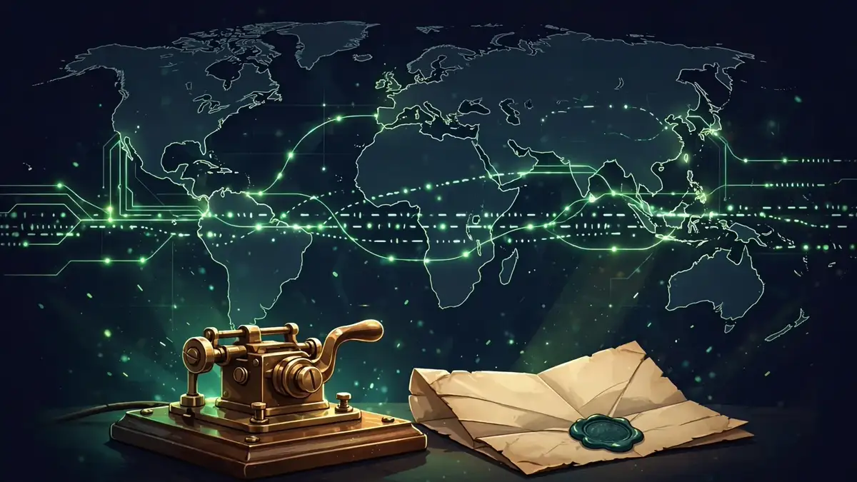 Illustration of a world map connected by glowing Morse code telegraph lines with a vintage telegraph key