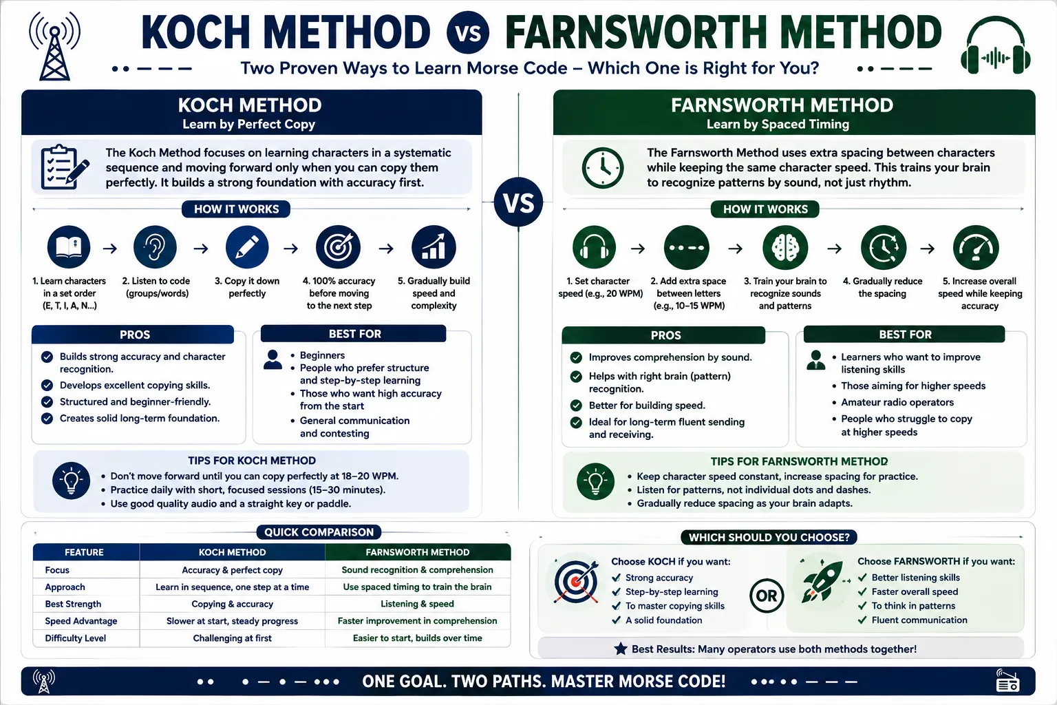Comparison infographic explaining the Koch method and Farnsworth method for learning Morse code, including character speed, spacing, and practice approach